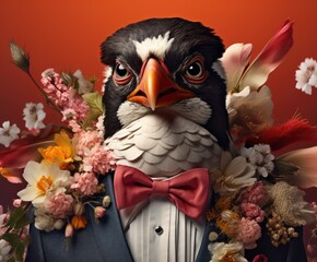 The bird flaunts a jazzy style, adorned with vibrant flowers.
