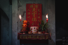 Offerings On A Chinese House Altar Decorated For New Year, Georgetown, Penang, Malaysia