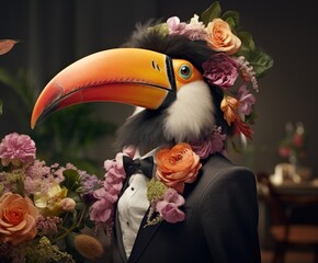 A stylish bird rocking a jazz-inspired look, accentuated with colorful flowers.