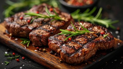 Poster - On wooden board, grilled medium rare steak is pictured.