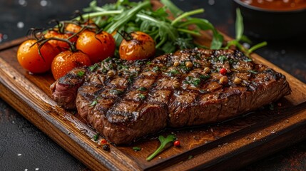 Poster - A medium rare steak on a wooden board. A fresh grilled meat.