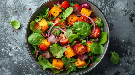Poster - Veggie salad with green leaves and gray stone tabletop. Top view.