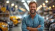 The customer is a happy male client wearing a shirt getting out the car touching the door and looking at the camera, then choosing the vehicle he wants to purchase in a vehicle dealership store, and