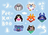 Fototapeta  - Sticker set with portraits of cute cartoon animals playing hide and seek