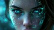 Robot woman face with future concept and hologram effect.