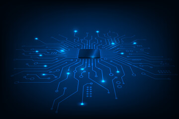 Vector perspective abstract technology chip processor, circuit board on blue background.