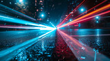 Fototapeta Przestrzenne - Long exposure of a road with blue and red light trails of passing car at night city background