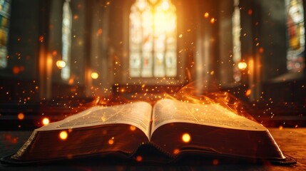 Wall Mural - Open Holy bible book with glowing lights in church