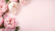A pink background with a pink flowers, Romantic Wedding pink flowers copy space, Peonies, roses on pink background with copy space, AI generated