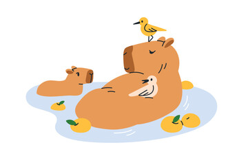 Poster - Happy capybara family. Cute capy mom and baby. Funny capibara mother and cub characters swimming, bathing, relaxing in water with birds, apples. Flat vector illustration isolated on white background