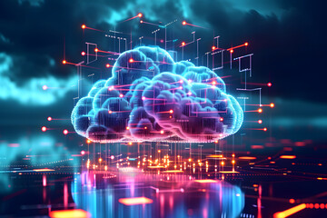 Digital data processing in the virtual cloud abstract background. Glowing digital cloud with pixels, lines, connectivity, and data flow in the virtual world. Cloud computing Background.