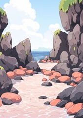 Wall Mural - Rocky Sea Shore. Children's book illustration in cartoon style.