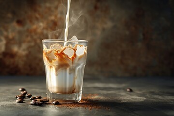 Wall Mural - Splash of ice coffee drink on a dark background.