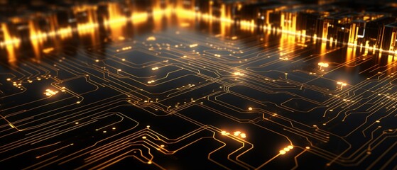 Poster - Futuristic audio technology: neon music symbol on microchip, data flow on futuristic motherboard. 3d render
