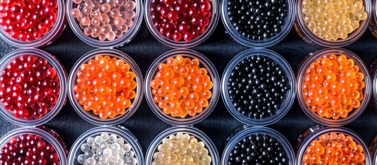 Canvas Print - Caviar in plastic containers, seafood delicacies, healthy nutrition in a top view pattern.