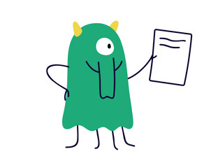 Poster - Cute funny character holding business paper sheet in hand. Comic fiction office worker with document, letter, note. Weird monster at work. Flat vector illustration isolated on white background