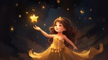 Little Princess Holds Shining Star In Both Hands, Full Body, At Night, Illustration For Little Girls, --ar 16:9 --v 5.2 Job ID: 71871a58-887d-492d-95d5-d2349a89f26b