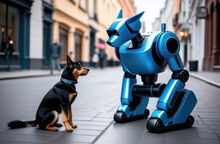 Two Dogs Stand Opposite Each Other - A Real Dog And A Robot Dog. Cybernetics, New Technologies Of The Future, Robotics