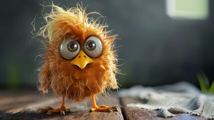 an artificial intelligence image of a cute bird who is disheveled and has big eyes