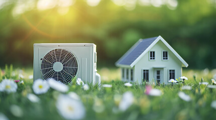 AC concept image with an air conditioning unit next to a house model to cool air at home on hot summer day