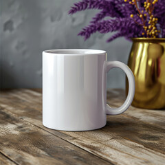 White mug mockup on wooden table on Bokeh Mardi Gras background