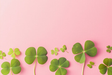 Green four leaf clover on table, rare fourleaf nature spring leaves floral natural grass plant background, good luck shamrock and lucky charm fortune concept, Saint Patricks Day symbol .