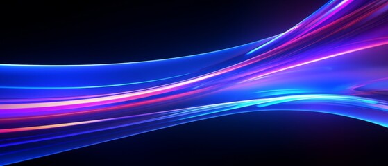 Poster - Glowing neon light trails: dynamic speedy 3d effects in uv & blue laser light. High-speed motion blur night lights with semicircular wave, curve swirl, & incandescent optical fiber. Png vector