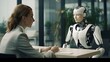 © Victoriia - Corporate interview scenario with a human-like robot and a businesswoman engaging in conversation in a modern meeting room.