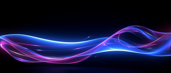 Poster - Glowing neon light trails: dynamic speedy 3d effects in uv & blue laser light. High-speed motion blur night lights with semicircular wave, curve swirl, & incandescent optical fiber. Png vector