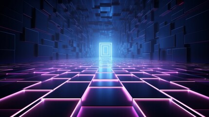 Poster - Vivid cyan and purple neon grids illuminate futuristic perspective floor - creative digital design for cyberpunk, virtual reality, and hi-tech concepts