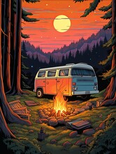 Retro Campervan Adventures: Twilight Landscape And Late Night Campfires