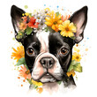 Boston Terrier with flowers, Cute dog, Boston Terrier, Animals with flowers