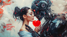 Futuristic Illustration Of Woman And Cyborg Robot With Red Heart. Happy Valentines Day