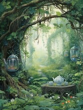 Tranquil Tea Garden Scenes: Whispering Willows Woodland Art Print
