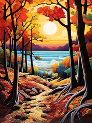 Wall Mural - Vibrant Autumnal Forests: Sand Meets Trees - A Captivating Beach Scene Painting