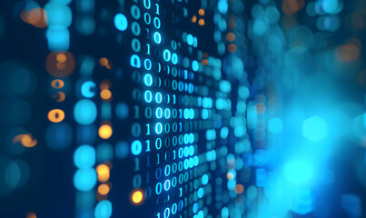 Binary data over a blue background with blurry pixels, featuring a bokeh effect. The illustration showcases blue digital binary code on a computer screen, creating a technological and abstract visual.