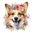 Corgi with flowers, Dog with flowers, Happy corgi, Happy dog with plants, Colorful dog portrait