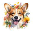 Corgi with flowers, Dog with flowers, Happy corgi, Happy dog with plants, Colorful dog portrait