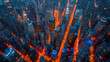 Top down view of futuristic cityscape tall buildings in surrounded with orange streets and lights wallpaper background