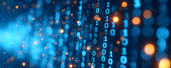Binary data over a blue background with blurry pixels, featuring a bokeh effect. The illustration showcases blue digital binary code on a computer screen, creating a technological and abstract visual.