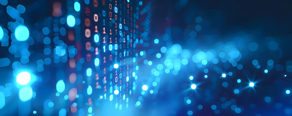 Binary data over a blue background with blurry pixels, featuring a bokeh effect. The illustration showcases blue digital binary code on a computer screen, creating a technological and abstract visual.