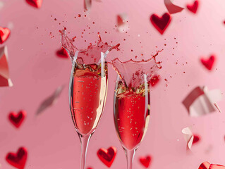 happy celebration with two glasses of champagne or wine on pink background, decorated with small red