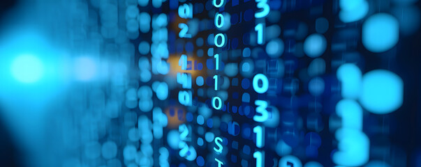 Binary data over a blue background with blurry pixels, featuring a bokeh effect. The illustration showcases blue digital binary code on a computer screen, creating a technological and abstract visual.