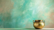 Vintage Copper Pot On Wooden Table Against Blue And Green Background .