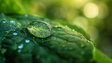 Fototapeta Łazienka - Beautiful water drops after rain on green leaf in sunlight, macro. Many droplets of morning dew outdoor. Amazing artistic image of purity and fresh of nature. Generative AI illustration