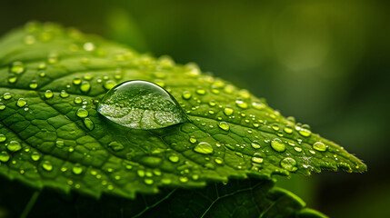 Beautiful water drops after rain on green leaf in sunlight, macro. Many droplets of morning dew outdoor. Amazing artistic image of purity and fresh of nature. Generative AI illustration