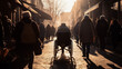 Person in Wheelchair Navigating Busy Pedestrian Zone - Sunlit Background