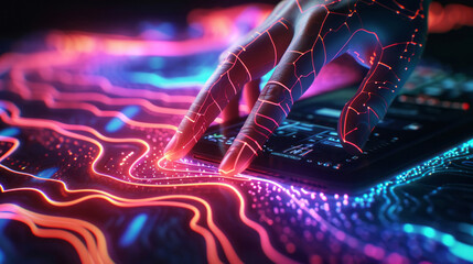 A person is typing on a holographic keyboard, captured in neon digital art with cyberpunk neon lighting.