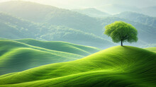 A Lone Tree Is Sitting On Top Of A Green Hill, Surrounded By Verdant Green Fields, Tall Acid Green Grass, And A Lush Green Meadow.