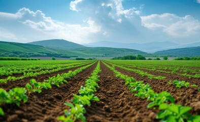 Panoramica View Ofcolorful Fields, and Rows of Currant Bush Seedlings as A Background Composition